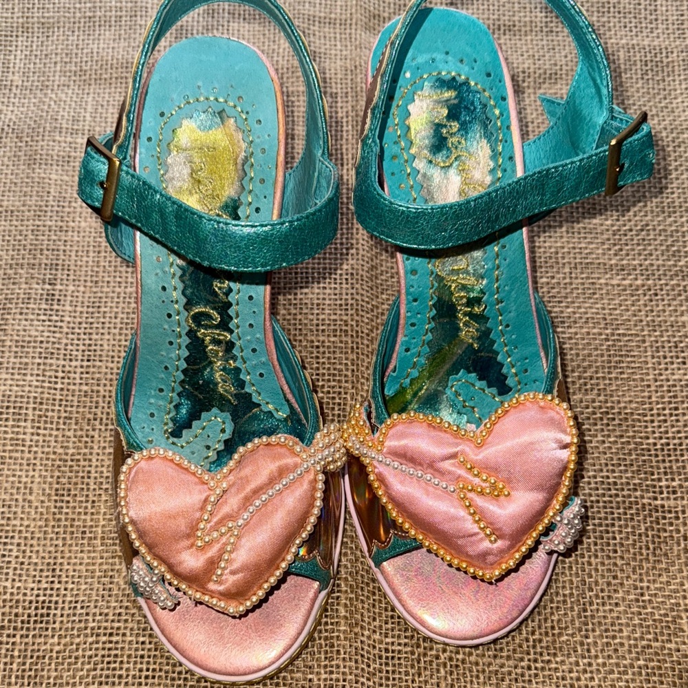 Irregular Choice Teal and Pink Heart Embellished Sandals